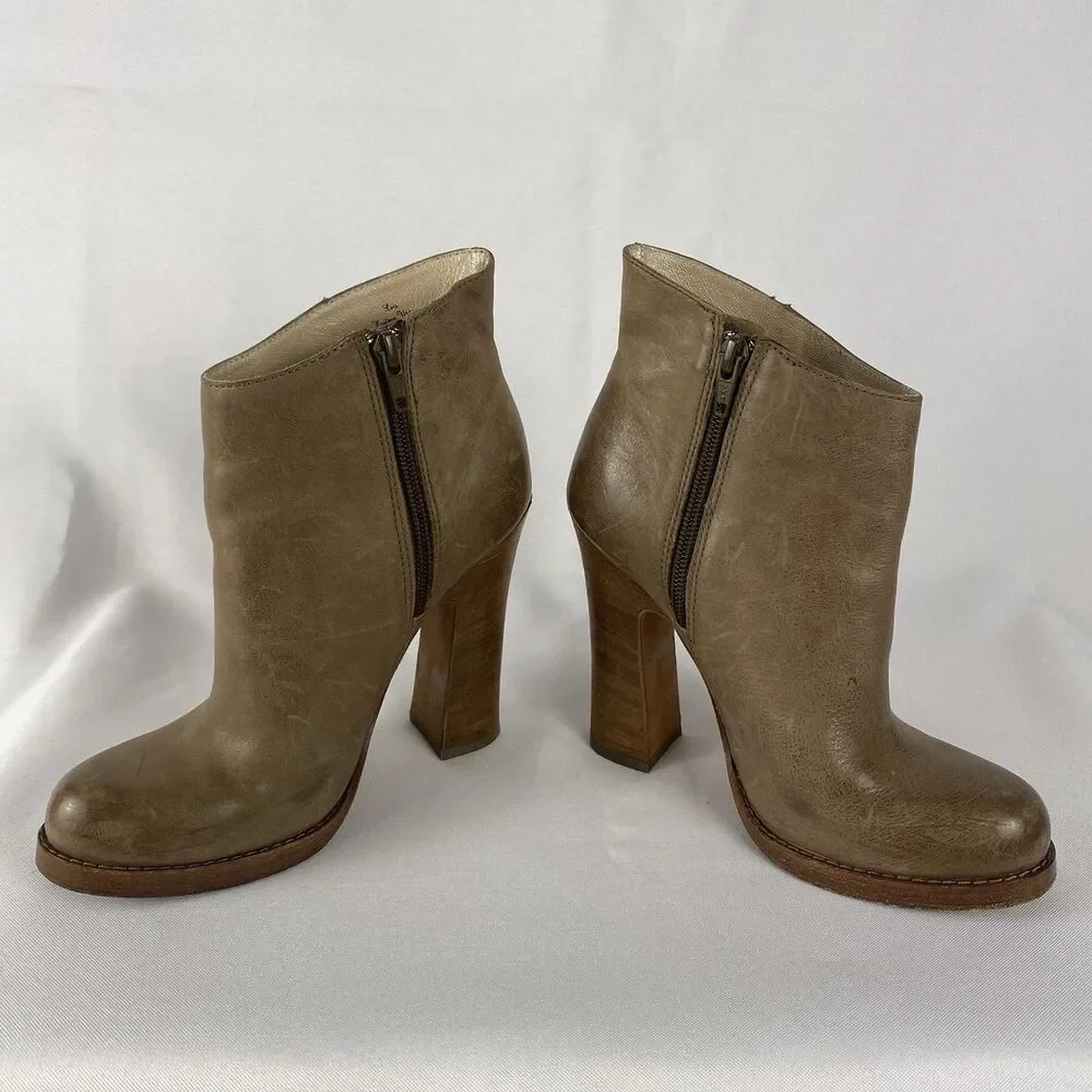 Jean-Michel Cazabat Leather Ankle Boots Zip Block Heel Brown Shoes Sz 6/36